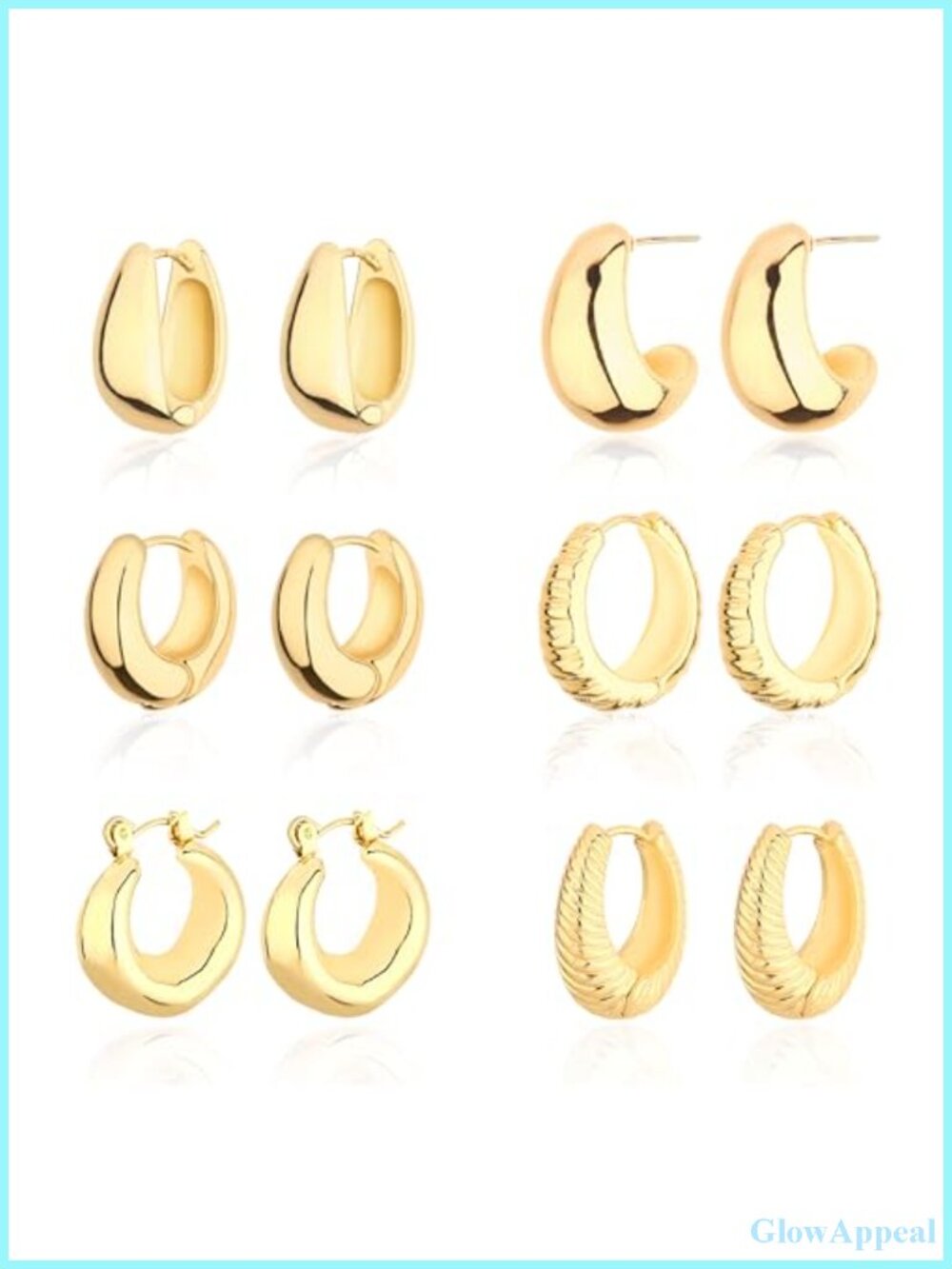 6 Pairs Chunky Gold Plated Hoop Earrings Set Hypoallergenic 14K Huggies